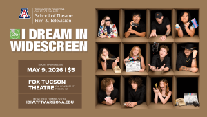 2026 graphic for I Dream in Widescreen 2026. It has a cardboard background and each of the filmmakers is seen posed within a cardboard box. 