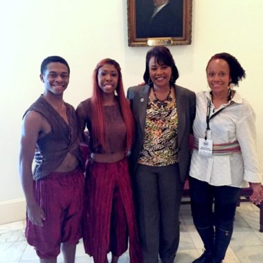 Left to right: UA Dance Ensemble members Kevyn Butler and Kennedy Thomas, Bernice King, UA Dance faculty member Barbea Williams at the 50th anniversary commemoration of the Selma to Montgomery March in Alabama