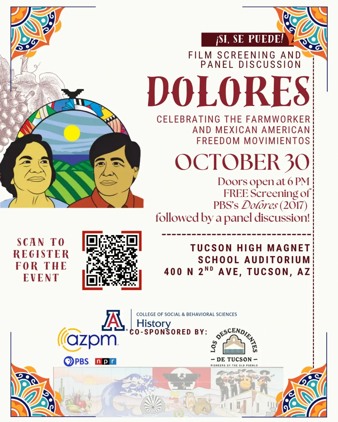 Dolores-Huerta-screening-Flyer Event poster with an illustration of a man and woman's faces in front of a farm field. Title DOLORES with details and logos of organizers